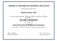 American Board of General Practice Board Certification for Dr. Dessie
