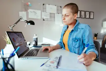 Cancer patient with headscarf working in office or home office