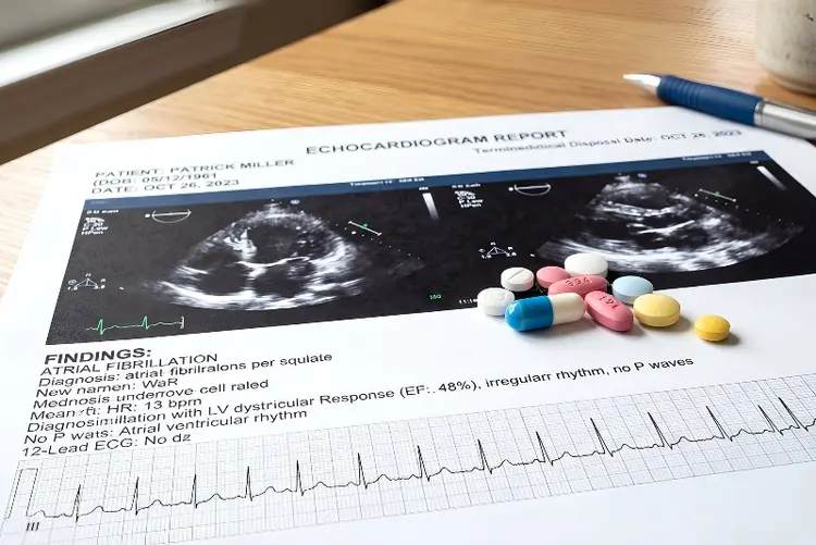 photo of prescription pills on printout of echocardiogram, they are different colors and sizes which can make mixing up medications easy and lead to drug interactions