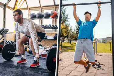 Ab exercises alone won’t get rid of love handles. But exercises like deadlifts (left) and hanging leg lifts can help you build a stronger core.  (Photo credit: E+/Getty Images)
