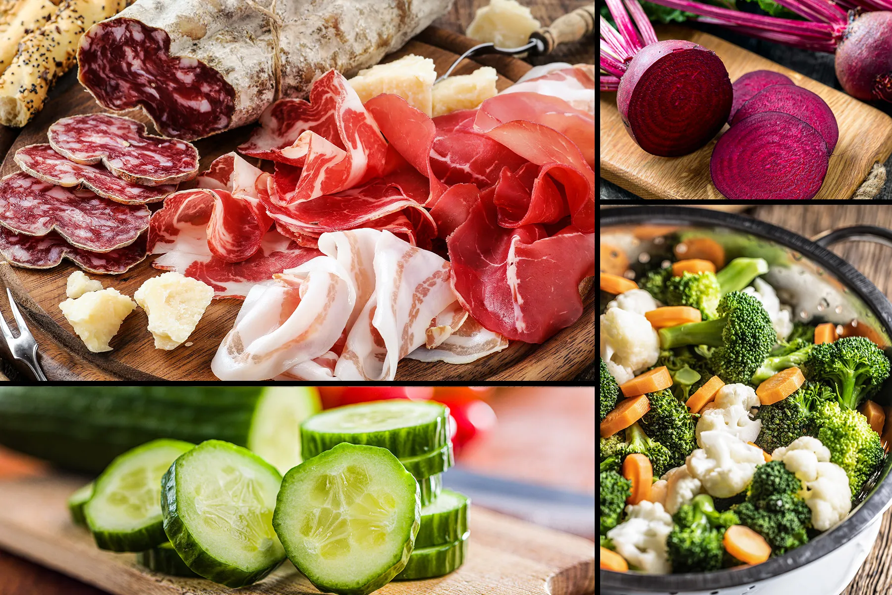 photo of cured meats, broccoli, carrots and cucumbers