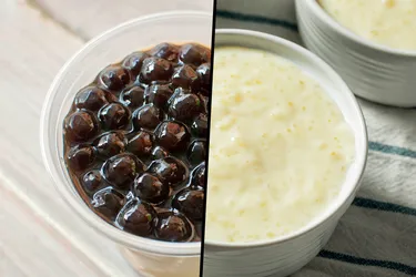 Tapioca pudding and boba tea are just the start of how to use tapioca in the kitchen. The flour, instant powder, and pearls all make good pantry staples. (Photo Credit: Left to right -- Moment/Getty Images, iStock/Getty Images)