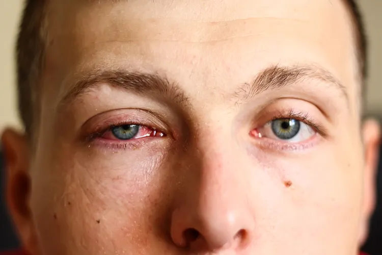 photo of male face with a pink eye