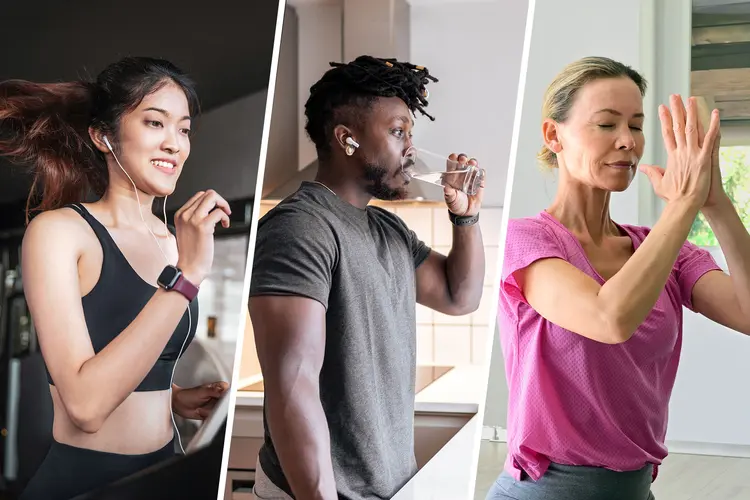 photo composite of exercise, drinking water and meditation