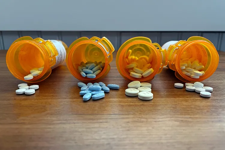 photo of prescription pills spilling from four bottles