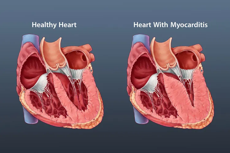 illustration of cardiomyopathy vs healthy heart