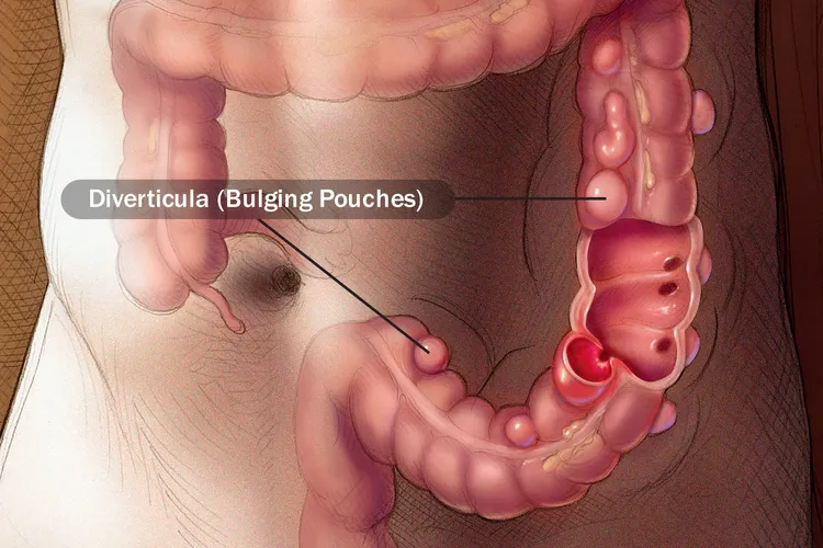Bulging pouches in your colon can cause pain in your belly, especially on the left side. You also might feel feverish or nauseated. (Photo Credit: Molly Borman/Science Source)