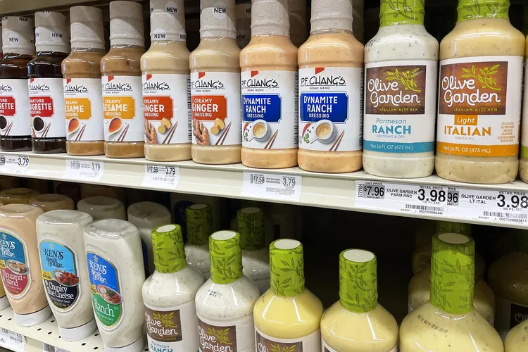 photo of salad dressing bottles on store shelves
