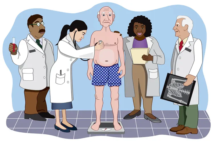 cartoon of senior man and medical specialists