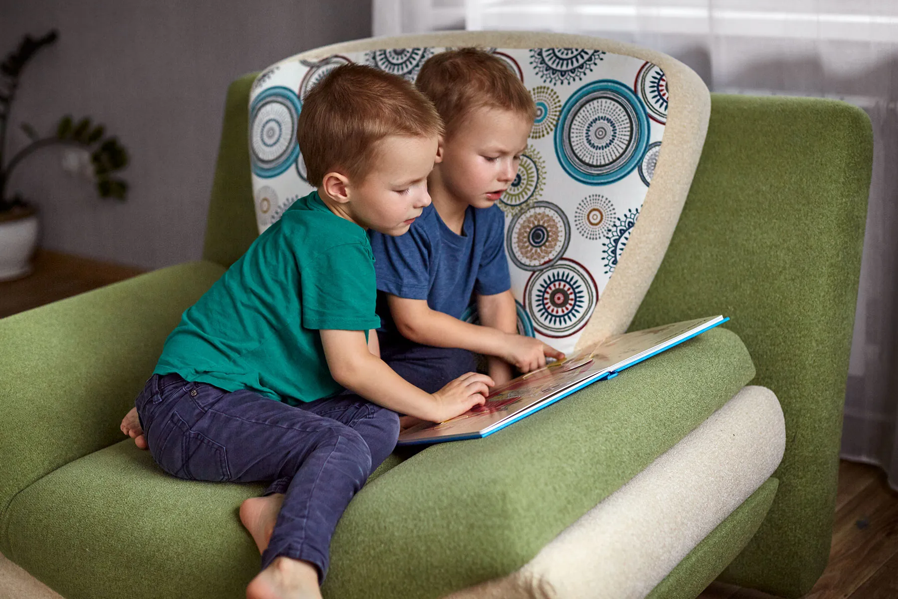 photo of twin boys reading picture book