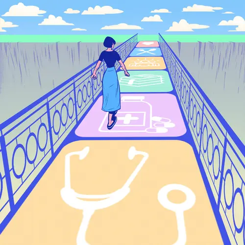 illustration of woman crossing healthcare bridge