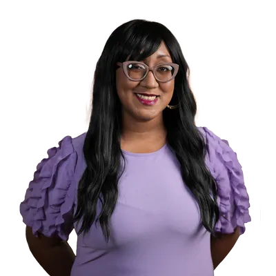 photo of woman standing against illustrated background