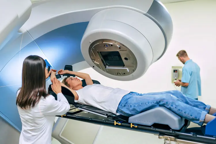 A photo of someone receiving radiation treatment for breast cancer