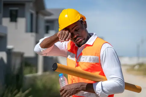 photo of tired construction worker in the sun
