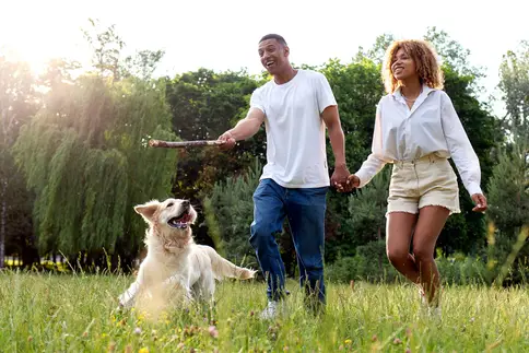 photo of couple walking with dog in park