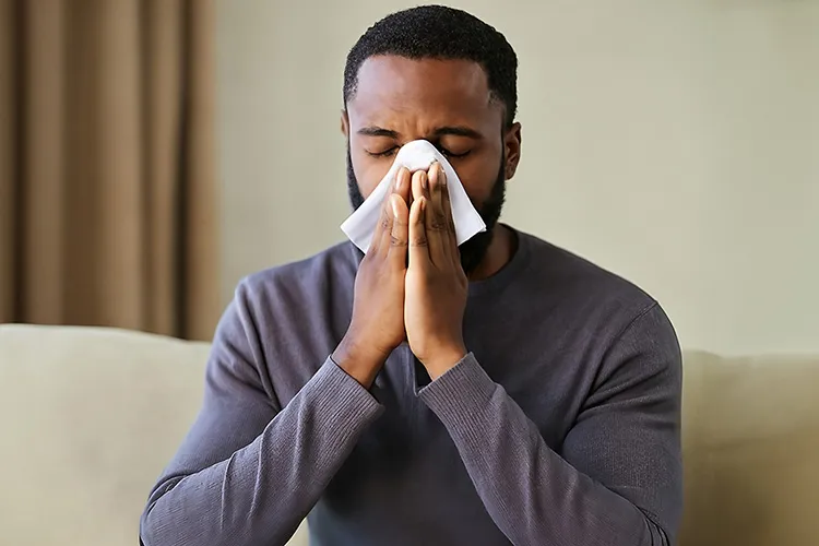photo of man blowing nose