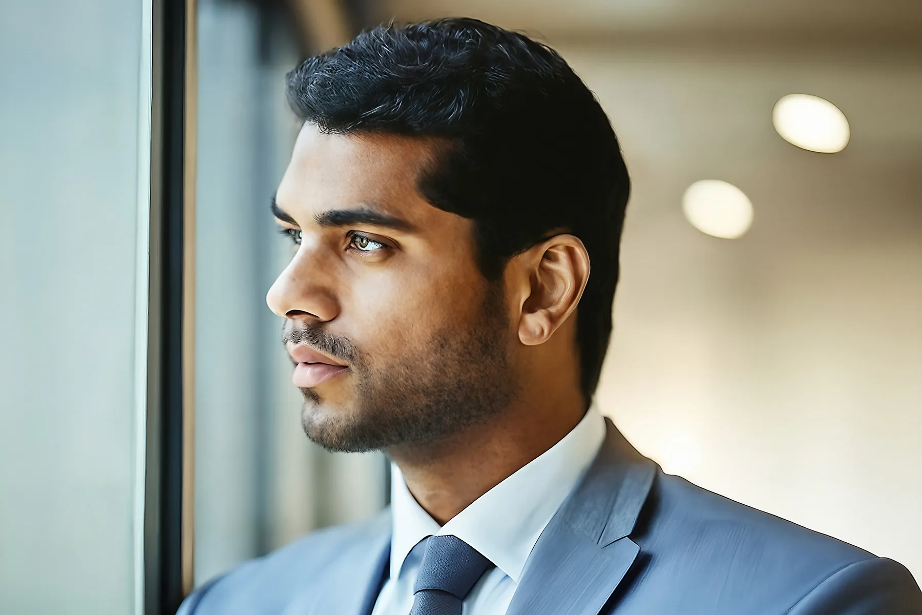 photo of man looking out window