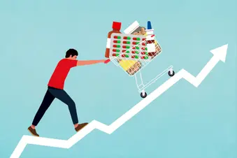illustration of man pushing healthcare items up arrow