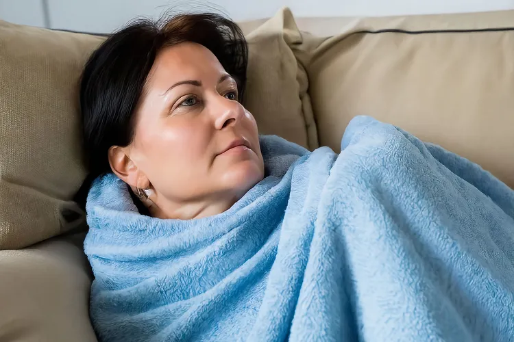 photo of woman on couch under blanket