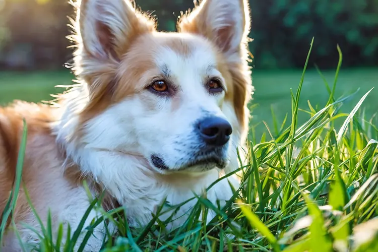 photo of dog resting in tall grass