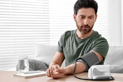 photo of man checking blood pressure at home