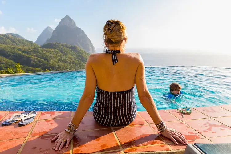 photo of mother and son at pool